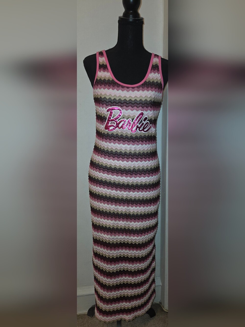 Barbie Pink, Black & Cream Zigzag Knit Bodycon Dress